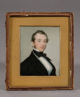 Portrait Miniature of a Blue-eyed Gentleman Wearing: Portrait Miniature of a Blue-eyed Gentleman Wearing a Light Blue Vest, c. 1835, unsigned, 3 1/2 x 3 in., in one half of a hinged leather case with gilt-brass foremat. Condition: Very good.