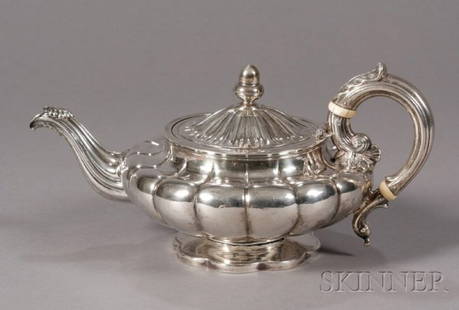 Silver Teapot, Baldwin Gardiner, Philadelphia, c. 1: Silver Teapot, Baldwin Gardiner, Philadelphia, c. 1814, with acorn finial on cover, squat lobed form on petal-form base, impressed maker's mark, (minor repair), ht. 5 in., approx. 29 troy oz.