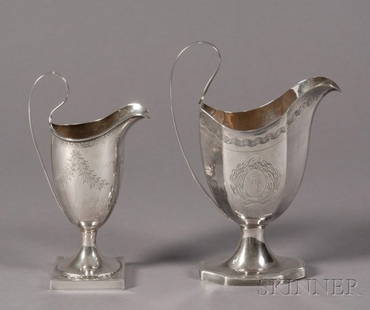 Two Silver Creamers, America, late 18th/early 19th: Two Silver Creamers, America, late 18th/early 19th century, one by Saunders Pitman (1732-1804), Providence, Rhode island, with helmet-shaped body with high pouring spout and looped handle, raised on