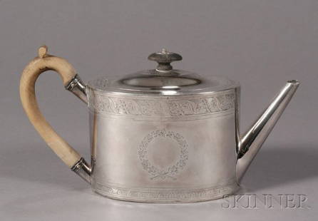 Neoclassical Silver Teapot, Thomas Holland, London,: Neoclassical Silver Teapot, Thomas Holland, London, 1796, straight-sided oval form with angled tapered spout, decorated with chased wreaths with leaf borders on the side, fruitwood final and handle,