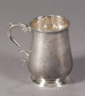 Silver Cann, Daniel Henchman (1730-1775), Boston, c: Silver Cann, Daniel Henchman (1730-1775), Boston, c. 1765, the cann with bulbous body, raised on a circular stepped foot ring, sprigged double C-scroll handle, ht. 5 1/4 in., approx. 14 troy oz.