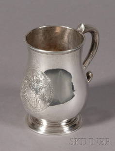 Silver Cann, Thomas Townshendt, (Boston, ac. 1727): Silver Cann, Thomas Townshendt, (Boston, ac. 1727) bulbous body on a circular stepped base, S-scroll handle, engraved with the arms of John Clarke of Newbury, Massachusetts, the base with maker's