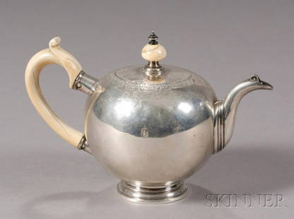 Dutch Silver Teapot, c. 1740, globular body with ap: Dutch Silver Teapot, c. 1740, globular body with applied bottom, flat round cover with inset hinge, cast spout with molded lip and molded band at body, the shoulder engraved with a diaper band with