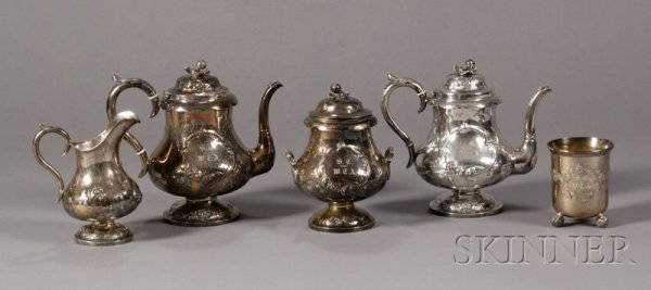 Four-Piece Coin Silver Tea and Coffee Service and a: Four-Piece Coin Silver Tea and Coffee Service and a Footed Cup, Jones Ball and Company, Boston, Massachusetts, 1852-1854, comprising a coffeepot, teapot, covered sugar bowl, and a cream jug,