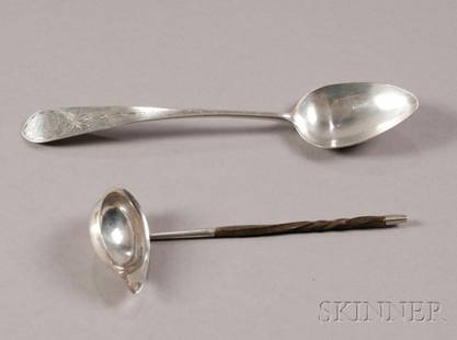 Neoclassical Silver Tablespoon and a Small Sterling: Neoclassical Silver Tablespoon and a Small Sterling Ladle, the tablespoon made by Ephraim Brasher, New York, late 18th century, monogrammed within engraved navette-shaped reserve; a small ladle with