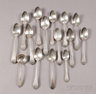 Fifteen Bright-Cut Silver Serving Spoons, America,: Fifteen Bright-Cut Silver Serving Spoons, America, various makers, late 18th, early 19th century, all monogrammed, including five serving spoons and a ladle by Saunders Pittman, Providence, Rhode