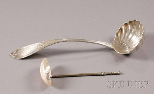 Two Ladles, a large sterling silver ladle with shel: Two Ladles, a large sterling silver ladle with shell-form bowl, by Lincoln & Foss, Boston, c. 1850, monogrammed; a ladle with pierced mother-of-pearl shell bowl, plated silver stem, lg. 13, 7 1/2