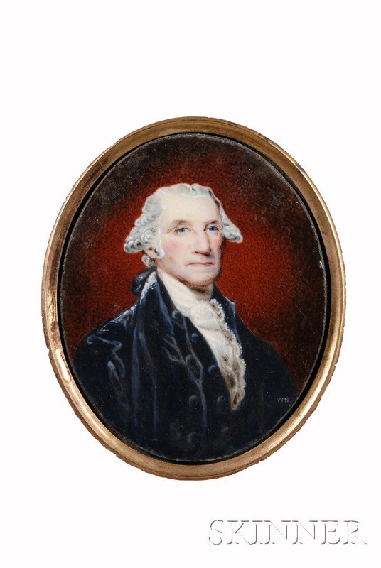 William Russell Birch (American, 1755-1834), after: William Russell Birch (American, 1755-1834), after Gilbert Stuart (American, 1755-18 28) Portrait Miniature of George Washington. Signed "WB" l.r. Enameled copper, 2 5/8 x 2 1/4 in., in an oval gilt-b