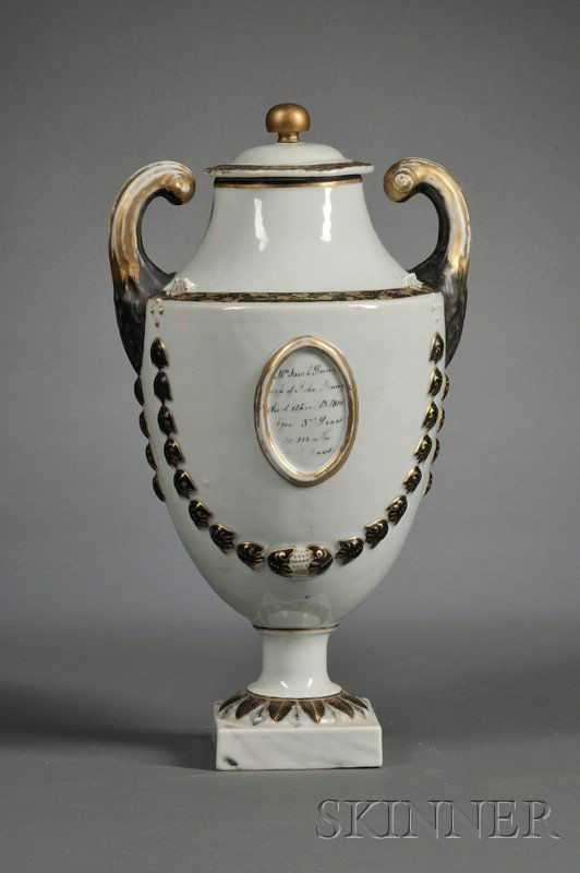 Chinese Export Porcelain Covered Urn, early 19th c: Chinese Export Porcelain Covered Urn, early 19th century, with oval reserve inscribed "M'm Sarah Young wife of John Young died April 13, 1800/Aged 37 Years 10 Months & 10 Days.," (repaired cover and h
