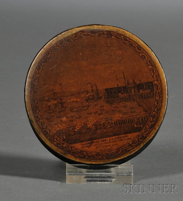 Papier Mache Snuff Box with Landing of Lafayette E: Papier Mache Snuff Box with Landing of Lafayette Engraving, France, c. 1820, circular black-painted snuff box with circular engraving of the New York Battery on the lid, with printed caption below "La