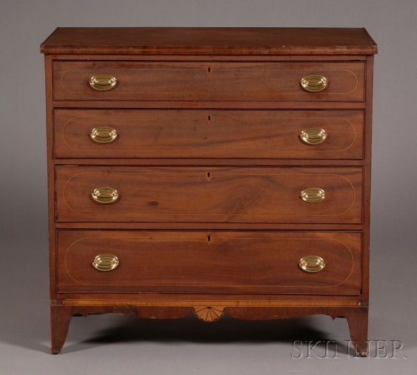 Federal Cherry Inlaid Chest of Drawers, possibly M: Federal Cherry Inlaid Chest of Drawers, possibly Maryland, c. 1800, the case inlaid with stringing on cut-out feet with inlaid banding centering a fan pendant, old surface, old brasses, (imperfections