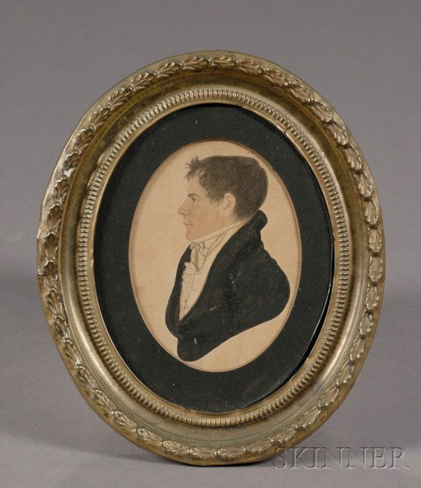 Profile Portrait Miniature of a Young Man, Rufus P: Profile Portrait Miniature of a Young Man, Rufus Porter (American, 1792-1894), c. 1820, watercolor on paper, 4 1/4 x 3 1/4 in., in an oval embossed gilt-brass frame. Condition: Toning.