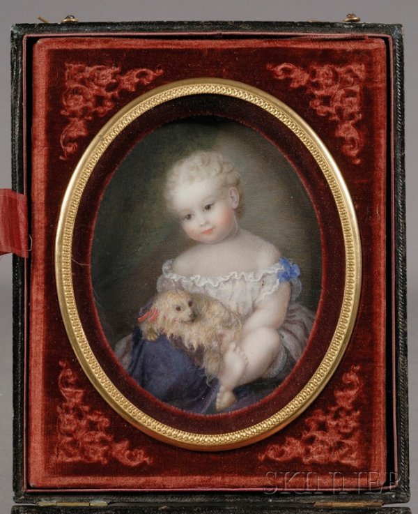 Portrait Miniature of a Baby with a Small White Do: Portrait Miniature of a Baby with a Small White Dog, Continental School, early 19th century, unsigned, watercolor and gouache on ivory, 3 3/4 x 3 in., in a hinged leather covered case with velvet oval