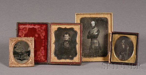 Three Daguerreotypes of Gentlemen and a Tintype of: Three Daguerreotypes of Gentlemen and a Tintype of a Child with Pull-toys, America, late 19th century, three daguerreotypes: a sixth plate image depicting a young man with a cello housed in one half o