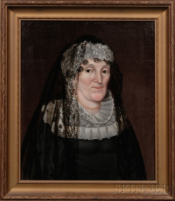 American School, 19th Century Portrait of Zillah C: American School, 19th Century Portrait of Zillah Chenery Abbot. Unsigned. Oil on canvas, 23 1/2 x 20 in., in a later carved wooden frame. Condition: Scattered retouch. Literature: See Vital Records of
