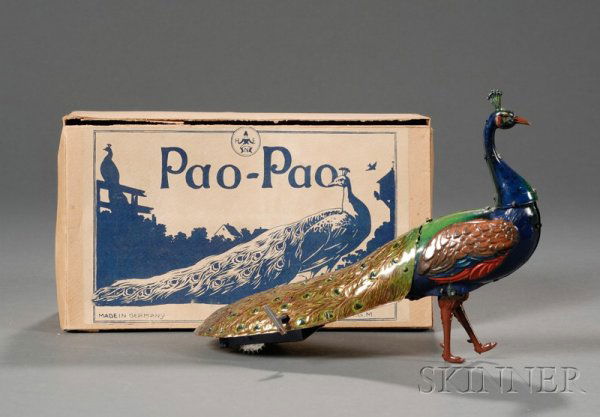 Hans Eberl "PAO-PAO Lithographed Tin Peacock Toy i: Hans Eberl "PAO-PAO Lithographed Tin Peacock Toy in Original Box, Germany, early 20th century, walking wind-up toy, the head bobs and squeaks, (minor paint wear), ht. 7, lg. 9 in.