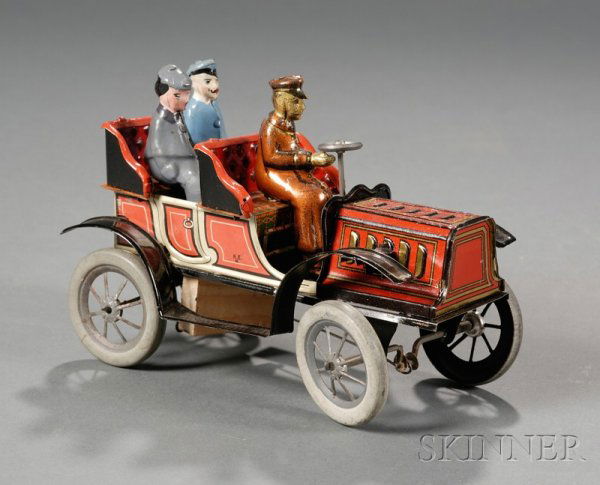 Hans Eberl Painted and Lithographed Tin Motor Car: Hans Eberl Painted and Lithographed Tin Motor Car Toy, Germany, early 20th century, with driver and two passengers, clockwork mechanism with pipsqueak, ht. 4 3/8, lg. 6 1/2 in.