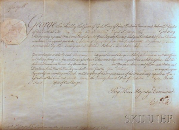 George III, King of England (1738-1820), Signed doc: George III, King of England (1738-1820), Signed document, October 27, 1760, one page, on vellum, as King of England, appointing Capel St. George as Captain in the Seventeenth Regiment of Foot, counter