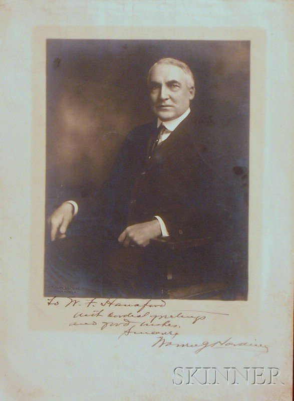 Harding, Warren G. (1865-1923), Signed and inscribe: Harding, Warren G. (1865-1923), Signed and inscribed photograph, undated, signed with inscription " To W. F. Hanaford with cordial greetings and good wishes, Sincerely, Warren G. Harding, sheet size 1