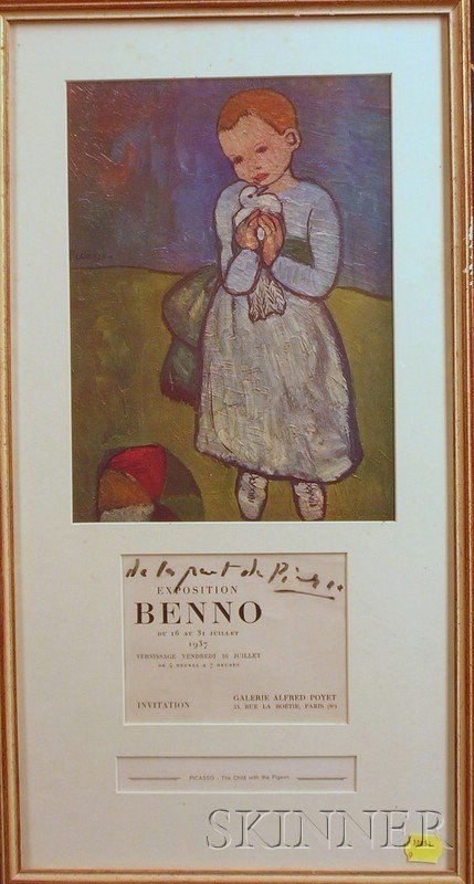 Picasso, Pablo (1881-1973), Signed card with senti: Picasso, Pablo (1881-1973), Signed card with sentiment, [c. July 16-31, 1937], on an invitation to the Exposition Benno at the Galerie Alfred Poyet, framed with a reproduction of "The Child with the P