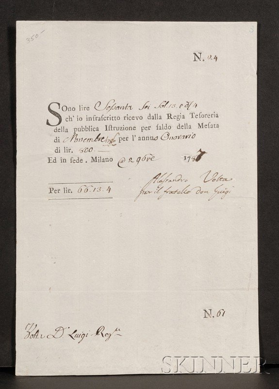 Volta, Alessandro (1745-1827), Signed document and