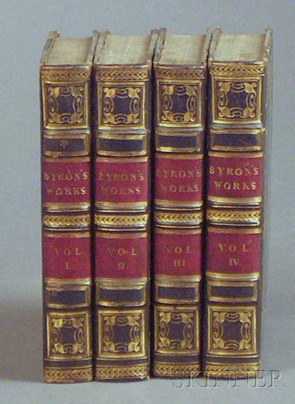 (Decorative Bindings), Byron, Lord George Gordon N: (Decorative Bindings), Byron, Lord George Gordon Noel (1788-1824), The Works of Lord Byron, London: John Murray, 1828, four volumes, gilt lettered and tooled blue calf with red spine labels, 12mo, (mi