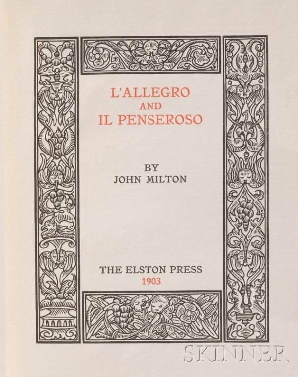 (Fine Press, Two Titles by Milton, John, 1608-1674: (Fine Press, Two Titles by Milton, John, 1608-1674), L'Allegro and Il Penseroso, 1903, one of 160, and Samson Agonistes, 1904, one of 120, New Rochelle: The Elston Press, both half cloth, 8vo, (both w