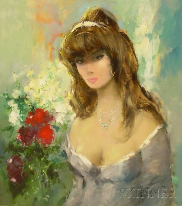 Ingfried Paul Morro-Henze (German, 1925-1972) Port: Ingfried Paul Morro-Henze (German, 1925-1972) Portrait of a Woman with Roses. Signed "P. Morro" l.l. Oil on canvas, image size 26 3/4 x 30 7/8 in., framed. Condition: surface grime, scattered losses.