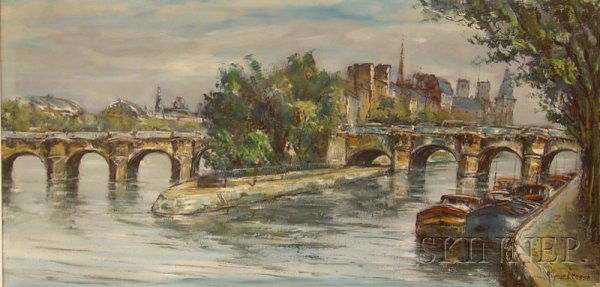Raymond Besse (French, 1899-1969) Le Pont Neuf, Pa: Raymond Besse (French, 1899-1969) Le Pont Neuf, Paris. Signed l.r., titled on the reverse. Oil on canvas, image size 38 1/2 x 19 in., framed. Condition: Surface grime, craquelure, scattered losses esp