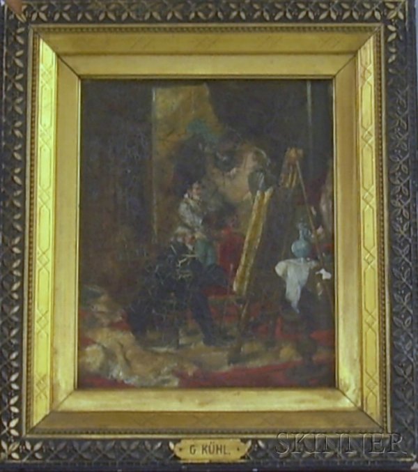 Continental School, 19th/20th Century Portrait of a: Continental School, 19th/20th Century Portrait of an Artist's Studio. Unsigned, identified "G. KUHL" on the presentation plaque, 10 1/2 x 8 1/2 in., framed. Condition: Craquelure, surface grime, losse