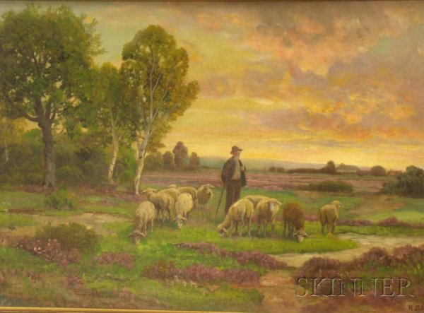 Framed 19th/20th Century Continental School Oil on : Framed 19th/20th Century Continental School Oil on Canvas Pastoral Scene of a Shepherd with His Flock, signed "H. SOLBRIG" l.r., 16 x 24 in., (patch reinforcements).