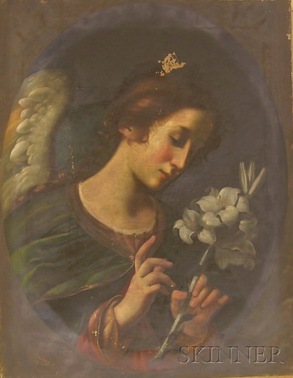 Unframed Continental School Oil on Canvas 19th Cen: Unframed Continental School Oil on Canvas 19th Century Portrait of Gabriel, Angel of the Annunciation, unsigned, feigned oval format, (punctures, flaking, losses).