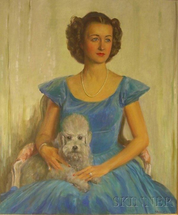 Framed Oil on Canvas Portrait of a Lady and Her Po: Framed Oil on Canvas Portrait of a Lady and Her Poodle by Howard Logan Hildebrandt (American, 1872-1958), inscribed "H L Hildebrandt NA" l.r.