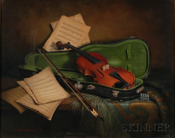 Framed Oil on Canvas Still Life, Old Violin by Dor: Framed Oil on Canvas Still Life, Old Violin by Dorothy Fitzgerald (American, b. 1932), inscribed "D. FITZGERALD (c)" l.l., identified on a label affixed to the reverse. Framed dimens