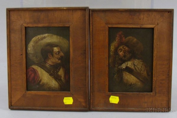 Two Framed Continental School Oil on Panel Portrai: Two Framed Continental School Oil on Panel Portraits of Cavaliers, both indistinctly signed l.c.