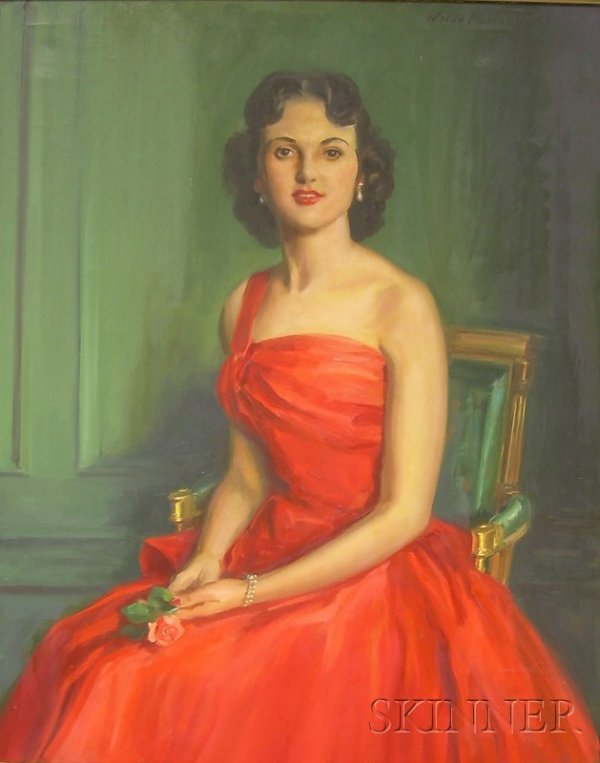 Waldo Murray (American, 20th Century) Portrait of : Waldo Murray (American, 1884/5 - 1956) Portrait of a Lady in a Red Dress. Signed and dated 1955 u.r. Oil on canvas, sight size 31 3/8 x 39 1/2 in., framed. Condition: scattered losses, minor flaking t