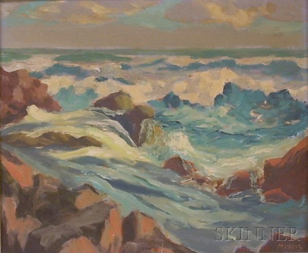 Lot of Two Framed Coastal Views, one signed "Morri: Lot of Two Framed Coastal Views, one signed "Morris" l.r., oil on paperboard, sight size 11 1/2 x 9 5/8 in., marked "George L. Morris" and "Aug. 10, 1950" on the reverse, the other signed "J.A. Nunes"