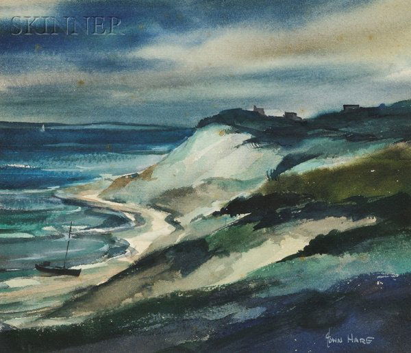 John Cuthbert Hare (American, 1908-1978), Two Seas: John Cuthbert Hare (American, 1908-1978) Two Seascapes: High Tide and Moonlight-Gay Head. Signed "JOHN HARE" l.r. and titled on labels affixed to the backing. Watercolor on p