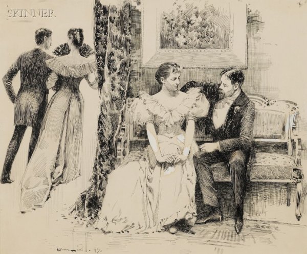 Orson Byron Lowell (American, 1871-1956), The Love: Orson Byron Lowell (American, 1871-1956) The Love Seat. Signed and dated "Orson Lowell - 93" l.l. Ink with whiting on paper, sight size 11 1/2 x 13 3/4 in., framed. Condition: Subtle toning, not exami