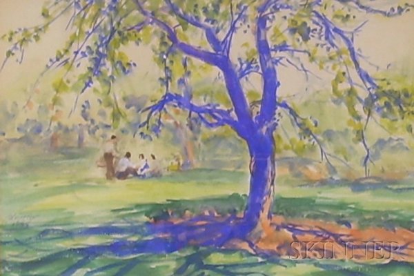 Framed Watercolor on Paper/board Park View with a: Framed Watercolor on Paper/board Park View with a Group of People, inscribed "John Fox 1958" c.l., (mat burn, rippling, not examined out of frame).