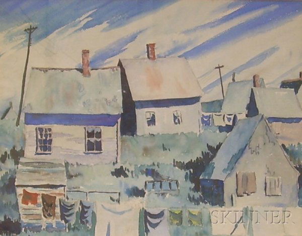 Framed Watercolor on Paper/board View of Houses in: Framed Watercolor on Paper/board View of Houses in a Coastal Town, Laundry, by Walton Blodgett (American, 1908-1963), unsigned, identified on a label from Clarke Galleries affixed to