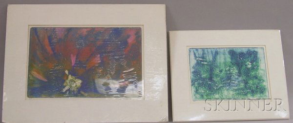Two Unframed Color Intaglio Prints on Paper: Under: Two Unframed Color Intaglio Prints on Paper: Underwater View and Abstract in Orange, Pink, and Blue by Edward Goldman (American, 1916-2006), each inscribed "E...Goldman Imp" in pencil