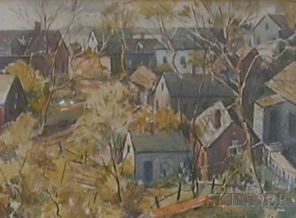 Louis Sylvia (American, b. 1911 ) Springtime. Sign: Louis Sylvia (American, b. 1911 ) Springtime. Signed "LOUIS SYLVIA" in pen l.r., titled on the reverse. Watercolor on paper, sight size 8 1/4 x 11 1/4 in., framed. Condition: Mat burn, rippling,