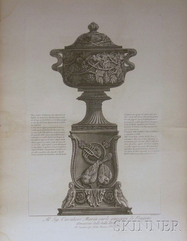 Four Unframed Folio Engravings of Decorative Objec: Four Unframed Folio Engravings of Decorative Objects Attributed to Francesco Piranesi (Italian, fl. 1758-1810), After Giovanni Battista Piranesi (Italian, 1720-1778), including A Lucerna ant.a di Bron
