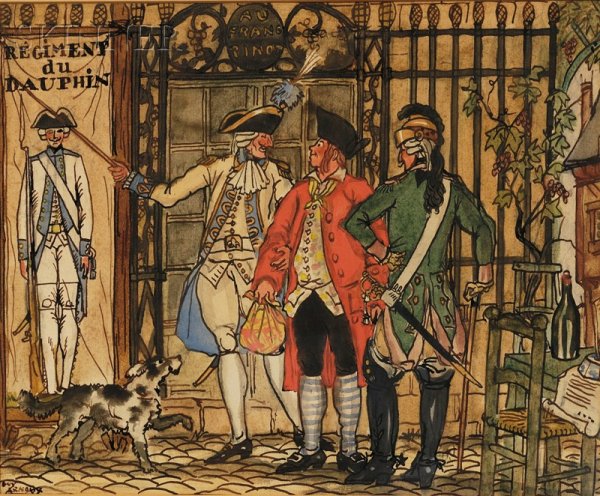 Guy Arnoux (French, 1886-1951), Regiment du Dauph: Guy Arnoux (French, 1886-1951) Regiment du Dauphin Signed "GUY ARNOUX" l.l. Ink and watercolor on paper/board, sight size 11 x 13 1/2 in. (27.9 x 34.3 cm), framed. Condition: Toning, not ex