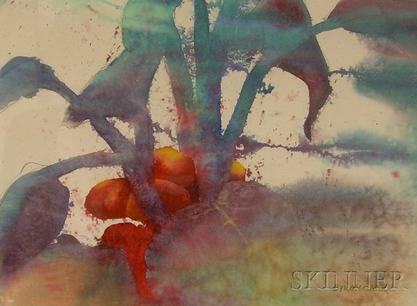 Two Framed Works on Paper, including a watercolor : Two Framed Works on Paper, including a watercolor floral abstract by Byron Carr (American, 20th/21st Century), inscribed "BYRON CARR" l.r., identified in inscription on the backing, and graphite lands