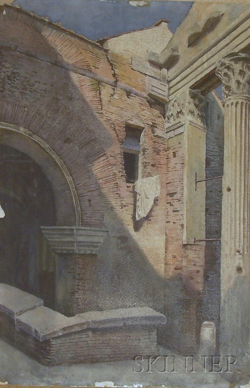 Continental School, 19th/20th Century Portique d'A: Continental School, 19th/20th Century Portique d'Antoine, Rome. Unsigned, inscribed and titled on the reverse. Watercolor on paper, sheet size 22 x 15 in., unframed. Condition: Losses, glue resid