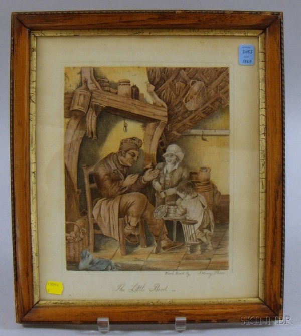 Framed 19th/20th Century American Watercolor, Ink,: Framed 19th/20th Century American Watercolor, Ink, Graphite, and Birch Bark Collage on Paper, The Little Bird, inscribed "...by J. Henry Phair" l.r.