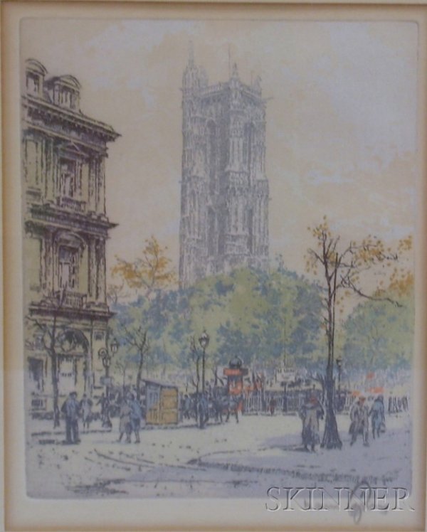 Two Framed Color Etchings on Paper of Paris Views : Two Framed Color Etchings on Paper of Paris Views by Hans Figura (Austrian, b. 1898), inscribed "hans figura" in pencil l.r., images of Sacre Coeur and Jacques Tower, locations identified on labels af