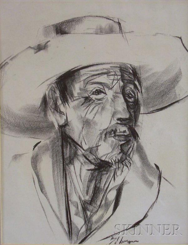 Two Unframed Portraits of Men by Edward Goldman (A: Two Unframed Portraits of Men by Edward Goldman (American, 1916-2006), one charcoal on paper/board inscribed "Goldman" l.r., one lithograph on paper/board inscribed "E Goldman 3-67 IMP" in pencil l.r.